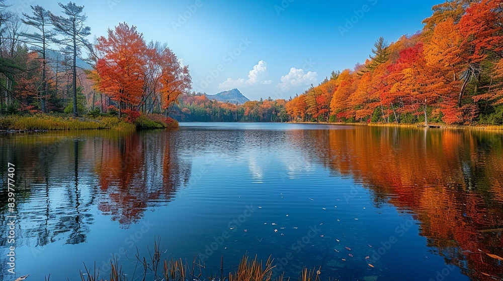 Fototapeta premium Autumn Reflections in a Lake: Capture the rich, fiery colors of autumn leaves reflected in the calm waters of a lake, with the warm oranges and reds contrasted against the cool blues and greens of