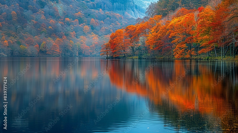 Naklejka premium Autumn Reflections in a Lake: Capture the rich, fiery colors of autumn leaves reflected in the calm waters of a lake, with the warm oranges and reds contrasted against the cool blues and greens of