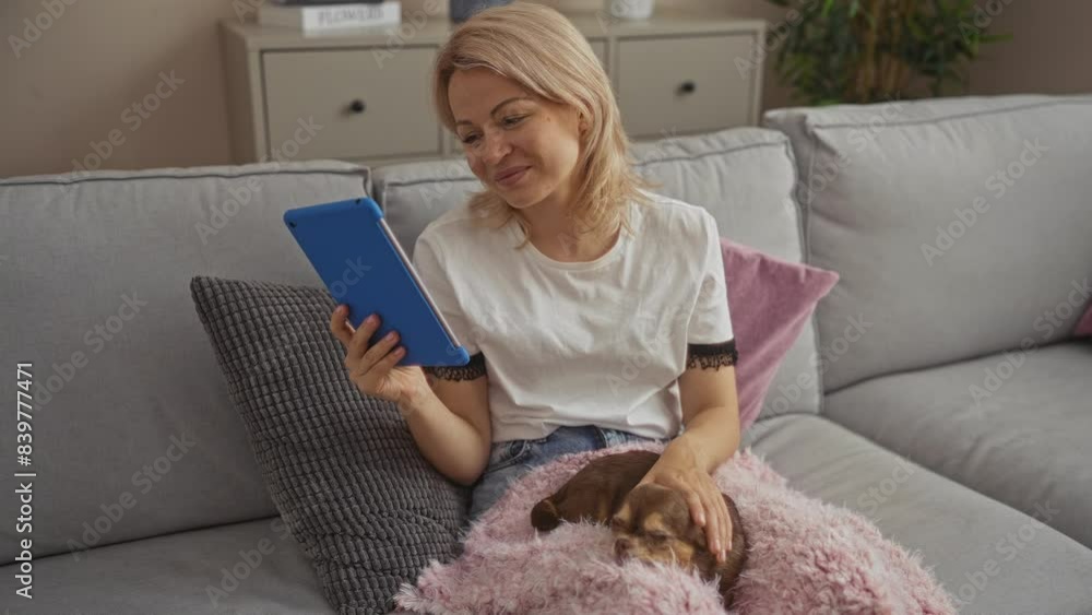 A young blonde woman sits in a cozy living room using a blue tablet while her chihuahua rests on a pink blanket on her lap. A young blonde woman sits in a cozy living room using a blue tablet while her chihuahua rests on a pink blanket on her lap.
