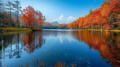 Autumn Reflections in a Lake: Capture the rich, fiery colors of autumn leaves reflected in the calm waters of a lake, with the warm oranges and reds contrasted against the cool blues and greens of