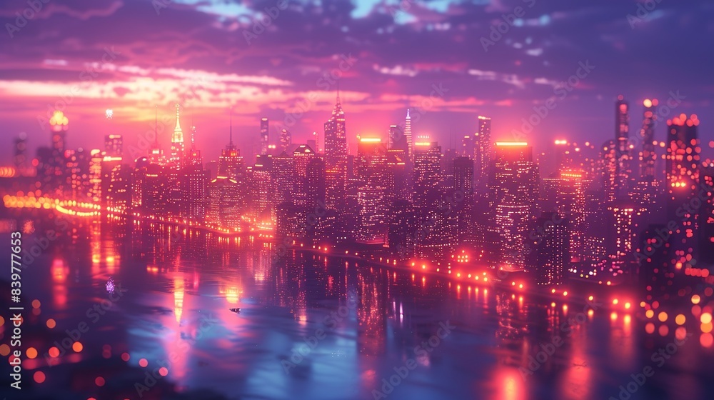 Fototapeta premium City Lights at Night: Showcase the vibrant glow of city lights against the dark, deep blues and purples of the night sky, creating a striking and modern urban landscape. shiny, Minimal and Simple,