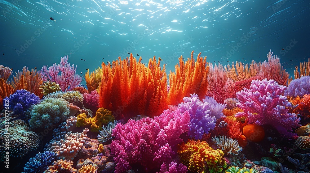 Fototapeta premium Coral Reefs Underwater: Capture the vibrant colors of coral reefs, with their rich reds, oranges, and purples contrasting against the deep blues and greens of the ocean, highlighting underwater