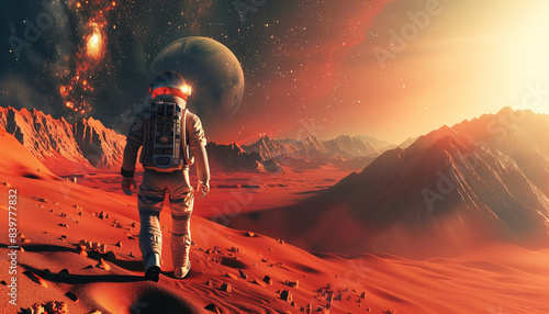 Exploring The Red Planet Mars With Stars And Planet Earth: A Concept Of Space Journey. Astronaut Walking Through The Red Desert. photo