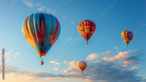 Hot Air Balloons in a Clear Sky: Highlight the vibrant patterns of hot air balloons soaring against a bright blue sky, showcasing the dynamic interplay of multiple complementary colors. shiny, © DARIKA