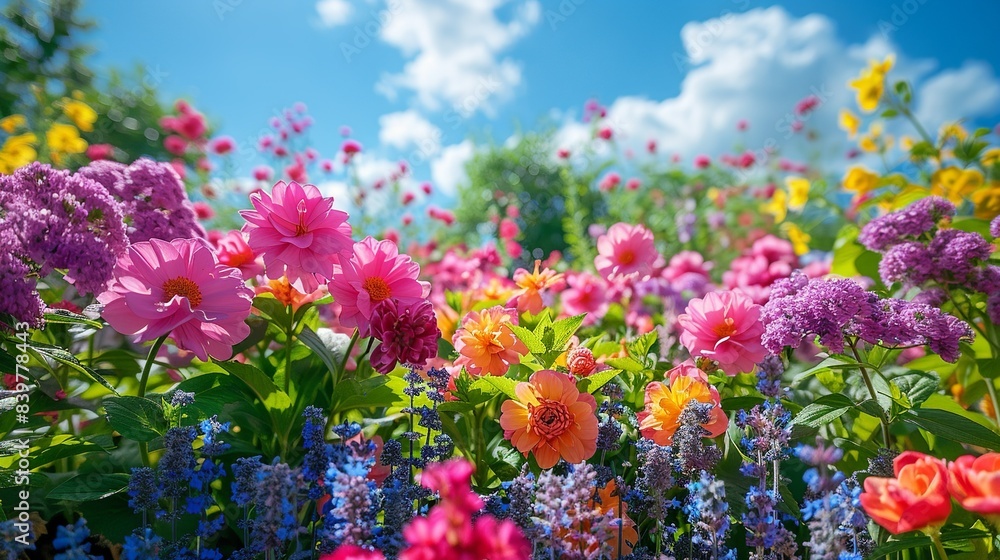 Obraz premium Spring Gardens in Full Bloom: Present the rich, colorful blooms of a spring garden, with bright pinks, purples, and yellows contrasting against the lush green foliage and blue skies. shiny, Minimal