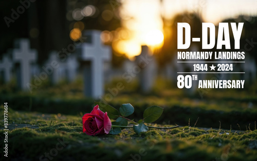 Commemorative D-Day anniversary with rose at Normandy cemetery