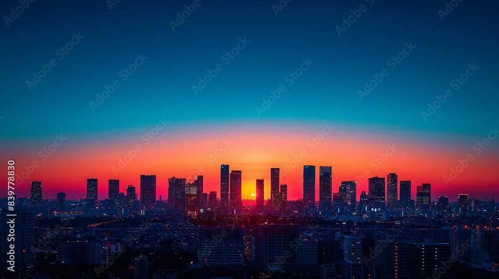 Fototapeta premium Sunset Over a City Skyline: Capture the dramatic colors of a sunset casting warm orange and red hues over the silhouette of a city skyline, with the cool blue sky providing a striking backdrop.