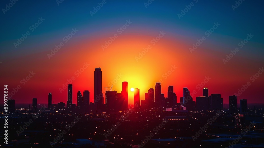 Sunset Over a City Skyline: Capture the dramatic colors of a sunset casting warm orange and red hues over the silhouette of a city skyline, with the cool blue sky providing a striking backdrop. Sunset Over a City Skyline: Capture the dramatic colors of a sunset casting warm orange and red hues over the silhouette of a city skyline, with the cool blue sky providing a striking backdrop.