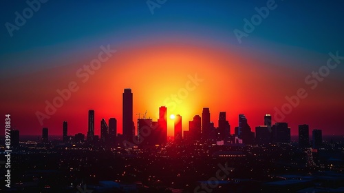 Sunset Over a City Skyline: Capture the dramatic colors of a sunset casting warm orange and red hues over the silhouette of a city skyline, with the cool blue sky providing a striking backdrop. © DARIKA