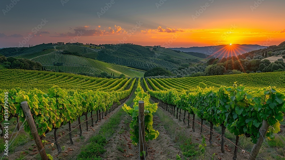 Naklejka premium Sunset Over Rolling Vineyards: Present the gentle, rolling hills of vineyards bathed in the warm, golden light of sunset, with the cool, shadowy blues of the approaching night sky providing a perfect