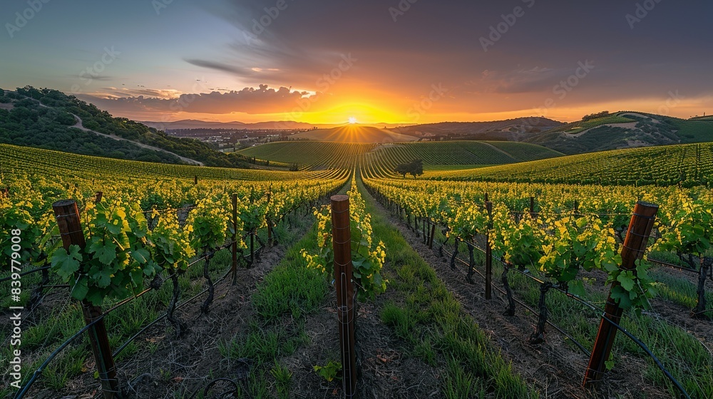Fototapeta premium Sunset Over Rolling Vineyards: Present the gentle, rolling hills of vineyards bathed in the warm, golden light of sunset, with the cool, shadowy blues of the approaching night sky providing a perfect