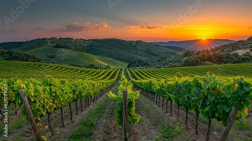 Wallpaper Mural Sunset Over Rolling Vineyards: Present the gentle, rolling hills of vineyards bathed in the warm, golden light of sunset, with the cool, shadowy blues of the approaching night sky providing a perfect Torontodigital.ca
