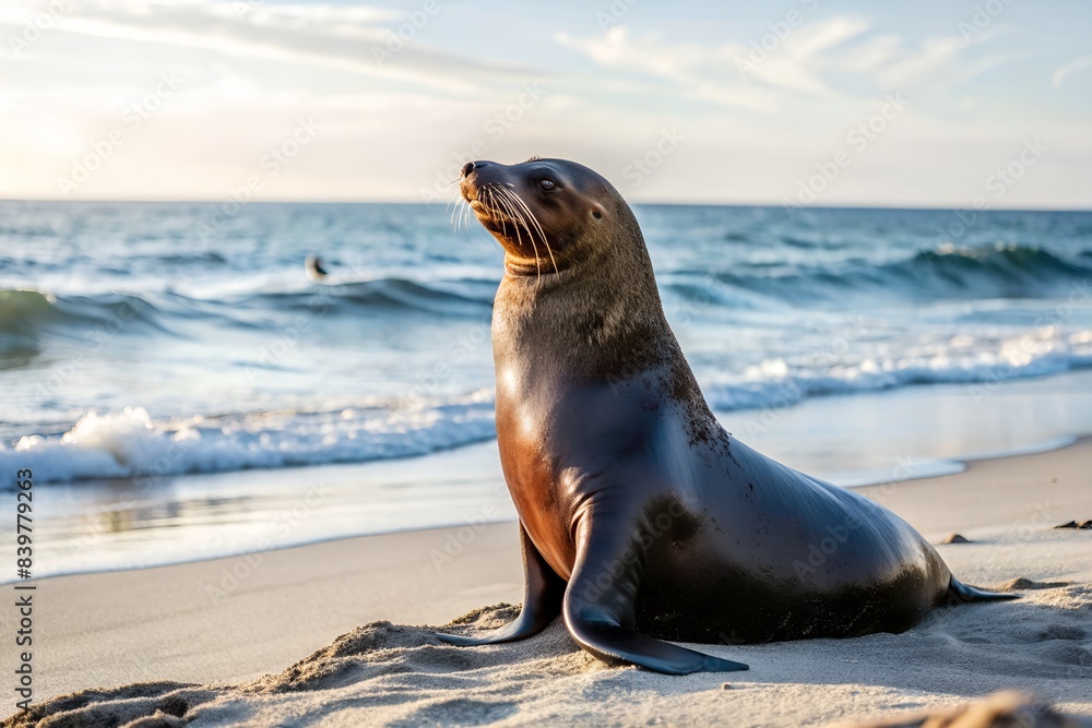 Fototapeta premium a sea lion resting on a sandy beach at dusk. The sea lion is facing away from the camera