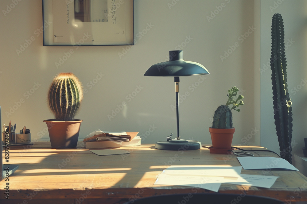 Obraz premium a light brown table a black table lamp white papers and cactus on the table