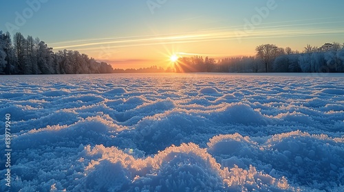 Winter Sunsets Over Snowy Fields: Showcase the warm, golden light of a winter sunset casting a glow over snow-covered fields, with the cool blues and whites of the snow providing a perfect contrast. photo
