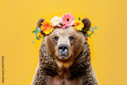 A Brown Bear with a decorative Floral Crown is featured against a backdrop of Yellow color