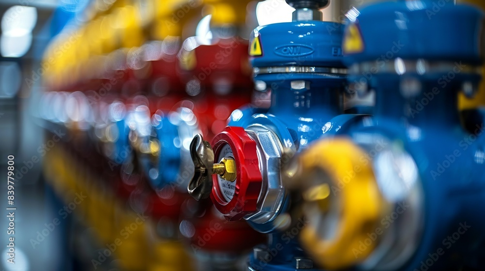 Emergency shutoff valves with bright, contrasting colors and warning labels, easily accessible in case of system failure. shiny, Minimal and Simple, Emergency shutoff valves with bright, contrasting colors and warning labels, easily accessible in case of system failure. shiny, Minimal and Simple,