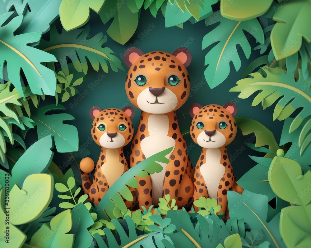 Naklejka premium Cheetah family flat design front view jungle animation vivid