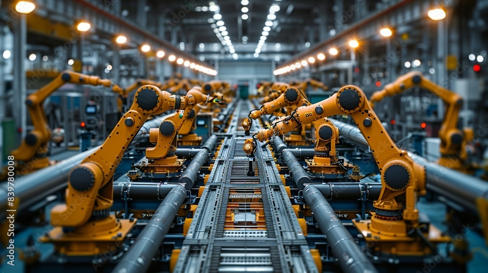 Industrial robots with multiple arms performing maintenance on the pipes, their movements precise and almost lifelike, highlighted by spotlights. shiny, Minimal and Simple, Industrial robots with multiple arms performing maintenance on the pipes, their movements precise and almost lifelike, highlighted by spotlights. shiny, Minimal and Simple,