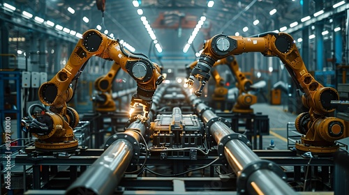 Industrial robots with multiple arms performing maintenance on the pipes, their movements precise and almost lifelike, highlighted by spotlights. shiny, Minimal and Simple, photo