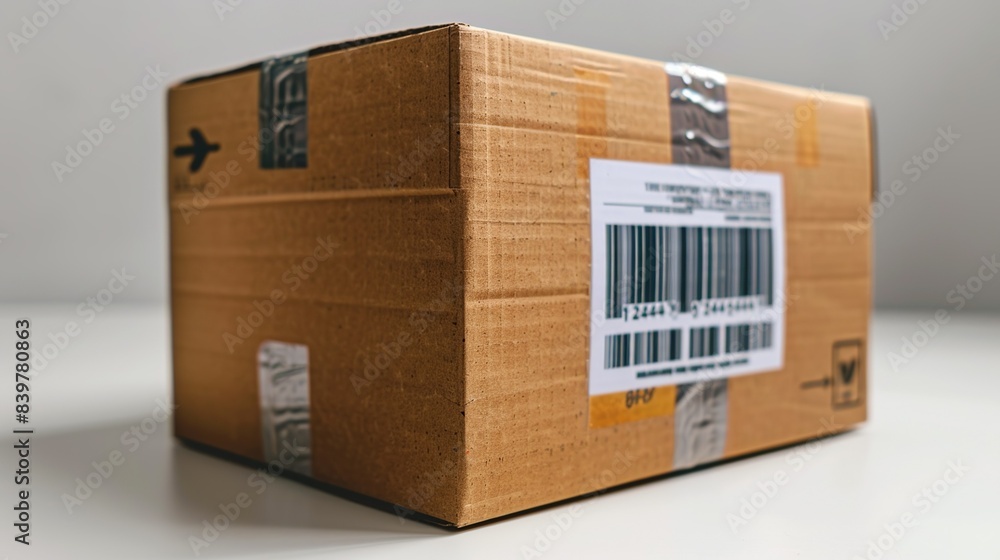 A close-up view of a cardboard box with a shipping label attached, standing upright on a clean white background. shiny, Minimal and Simple, A close-up view of a cardboard box with a shipping label attached, standing upright on a clean white background. shiny, Minimal and Simple,