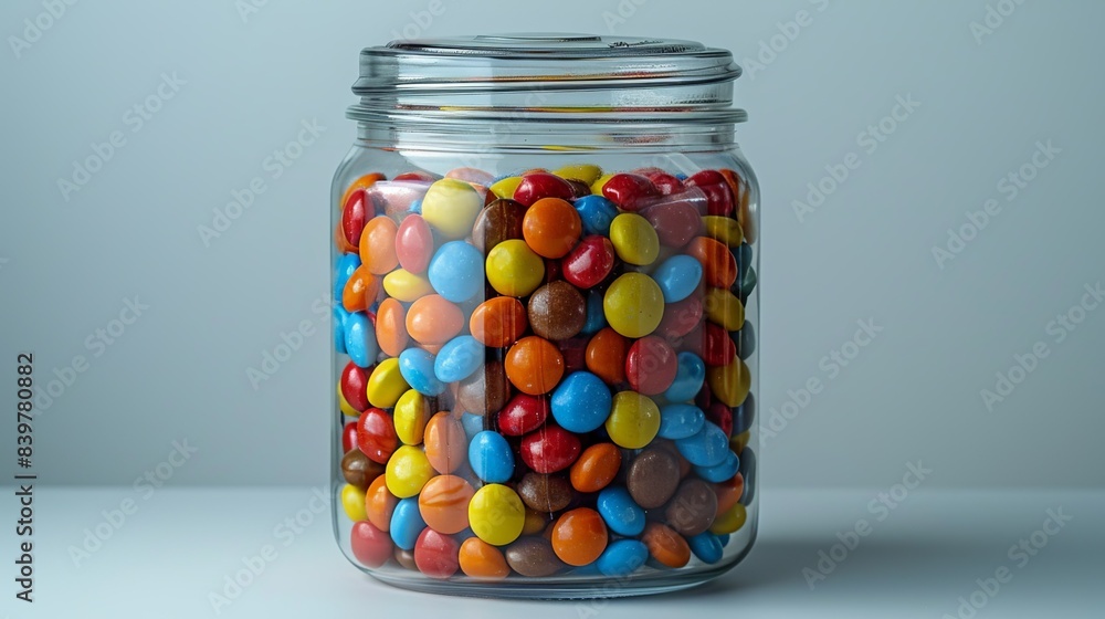 A transparent plastic jar filled with colorful candies, with a tightly sealed lid, positioned against a plain white background. shiny, Minimal and Simple, A transparent plastic jar filled with colorful candies, with a tightly sealed lid, positioned against a plain white background. shiny, Minimal and Simple,