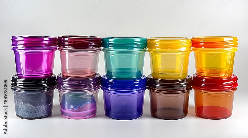 A stack of plastic jars with different colored lids, neatly arranged in a pyramid shape, against a white background. shiny, Minimal and Simple, A stack of plastic jars with different colored lids, neatly arranged in a pyramid shape, against a white background. shiny, Minimal and Simple,
