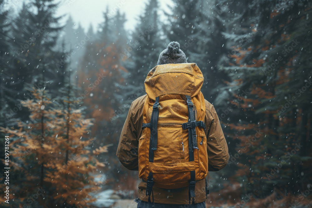 Man, backpack and thinking in outdoor nature for wilderness experience,generative ai Man, backpack and thinking in outdoor nature for wilderness experience,generative ai