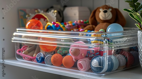 A translucent plastic storage box with a hinged lid, filled with children's toys, on a white background. shiny, Minimal and Simple,