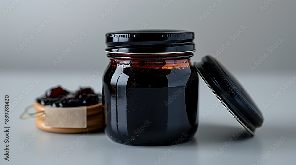 A plastic jar with a label indicating homemade jam, with the lid slightly ajar, photographed on a white background. shiny, Minimal and Simple, A plastic jar with a label indicating homemade jam, with the lid slightly ajar, photographed on a white background. shiny, Minimal and Simple,