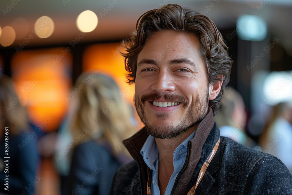 Happy male entrepreneur discussing with delegates while having coffee at convention center generative ai Happy male entrepreneur discussing with delegates while having coffee at convention center generative ai