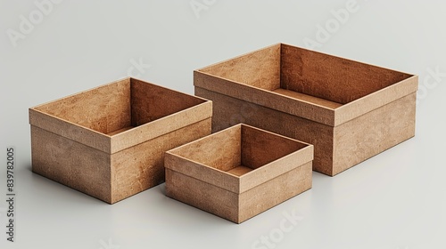 A set of three nested cardboard boxes, showing different sizes, arranged on a white background. shiny, Minimal and Simple,