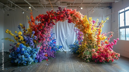 A panoramic shot capturing the entire arch structure with a burst of multicolored flowers, set against a neutral backdrop in the photography studio. shiny, Minimal and Simple,