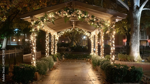 The archway illuminated by soft  diffused lighting  highlighting the delicate flowers intertwined within the structure  creating a serene and elegant ambiance. shiny  Minimal and Simple 