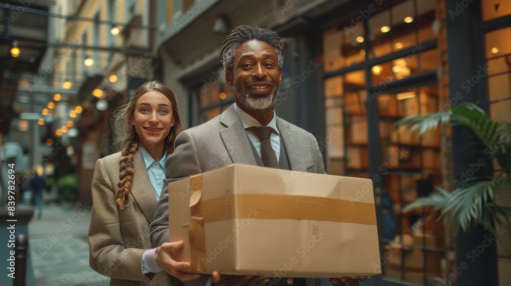 Business colleagues helping each other carrying package at office,generative ai Business colleagues helping each other carrying package at office,generative ai