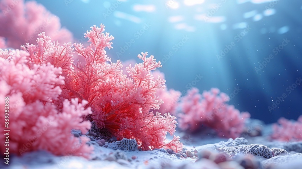 Fototapeta premium 3D anime depiction of a coral reef bleaching, smooth white gradient background, minimalistic style, studio lighting, copy space