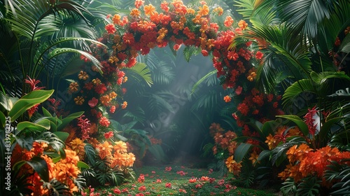 The front perspective of an arch adorned with tropical flowers and leaves, providing a vibrant, exotic feel within the controlled studio environment. shiny, Minimal and Simple,
