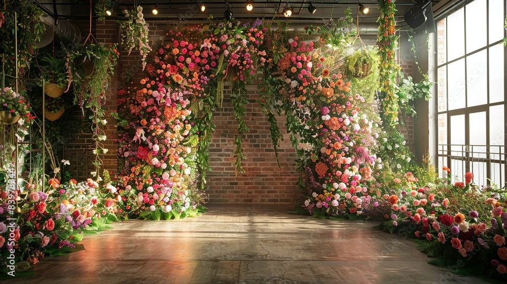 Fototapeta premium The archway set up in the studio with flowers and hanging vines, creating a lush, garden-like atmosphere under controlled lighting conditions. shiny, Minimal and Simple,