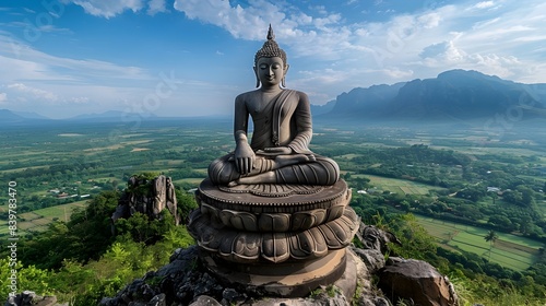 Majestic Buddha Statue Atop Khao Wong Phrachan Mountain in Lopburi Enchanting Spiritual Landscape