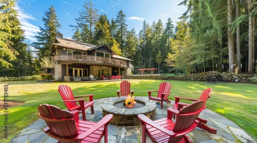 Back yard with fire pit and red chairs near newly bild luxury real estate home with forest biew and green grass photo