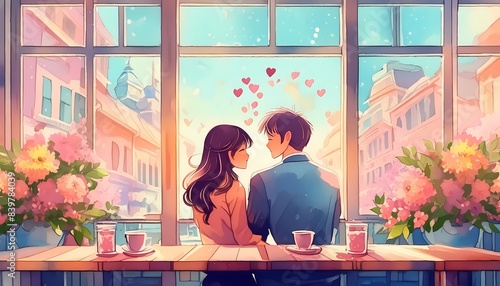 Cute couple in a lovely coffee shop. Valentine's day theme.