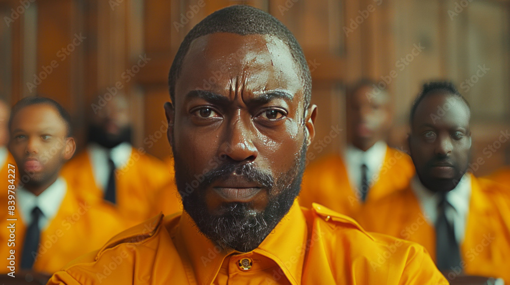 Naklejka premium Black man wearing orange prison clothes with angry stare expression, little open mouth speaking, police in the back,generative ai