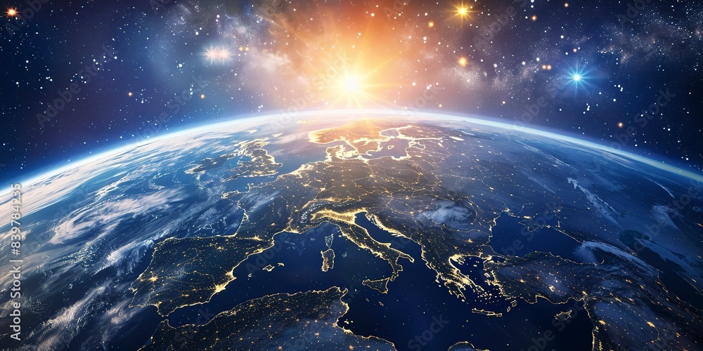 Fototapeta premium Breathtaking View of Earth from Space at Sunrise, Illuminating Europe and Russia with a Dark Blue Sky and Distinct Horizon Line