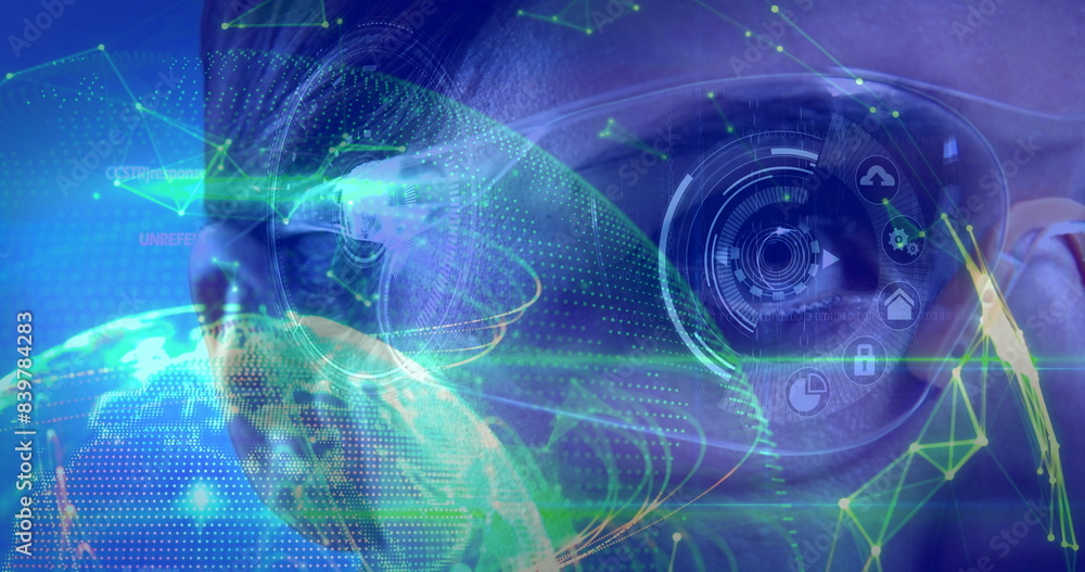 Image of data processing over female scientist with virtual glasses Image of data processing over female scientist with virtual glasses