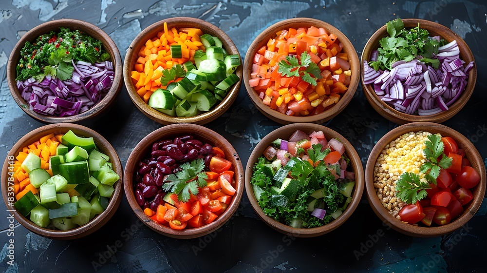 Colorful and nutritious rainbow salad bowls filled with an assortment of vegetables, grains, and proteins, appealing to kids' visual senses, Generative AI Colorful and nutritious rainbow salad bowls filled with an assortment of vegetables, grains, and proteins, appealing to kids' visual senses, Generative AI