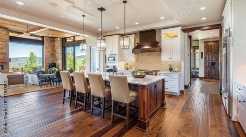 Beautiful kitchen in luxury modern contemporary home interior with island and chairs