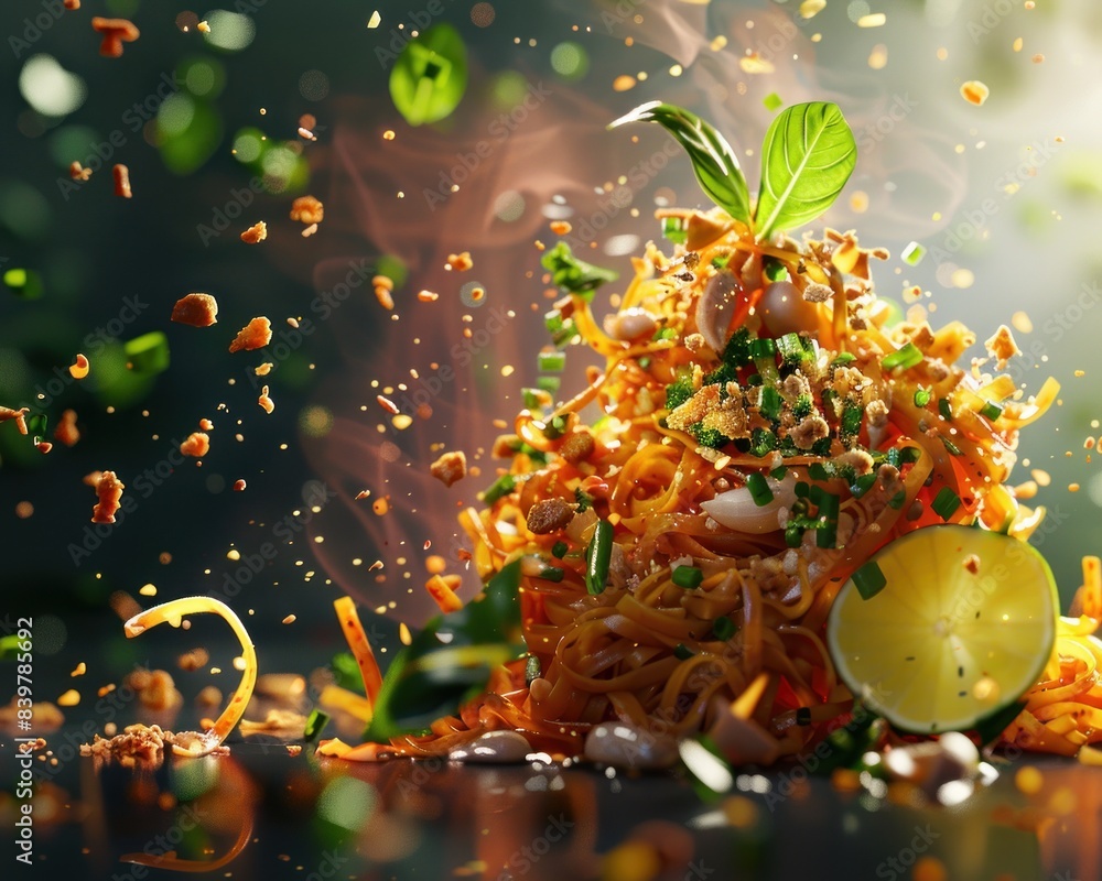 Pad Thai, floating in the air. Studio background Pad Thai, floating in the air. Studio background