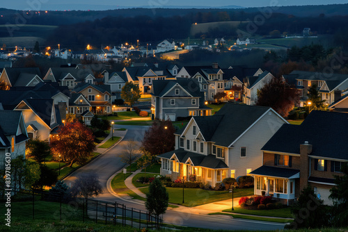 At night, rural residential area in American town with landscape of private houses AI Generative photo