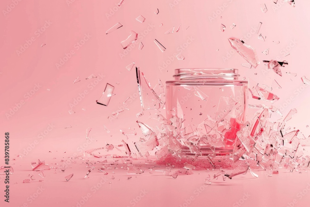 Cracked glass jar on pink background in 3d for beauty and art concepts