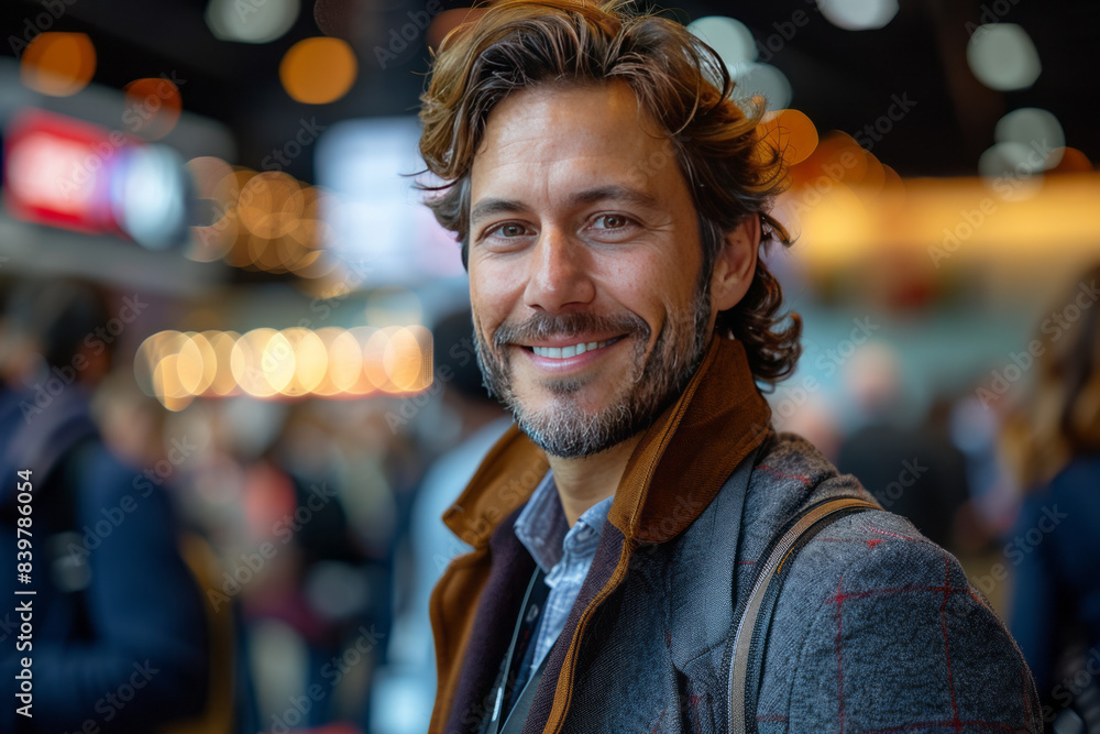 Obraz premium Happy male entrepreneur discussing with delegates while having coffee at convention center generative ai